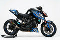 KTM Super Duke 1290 blue and silver racing graphics kit side view