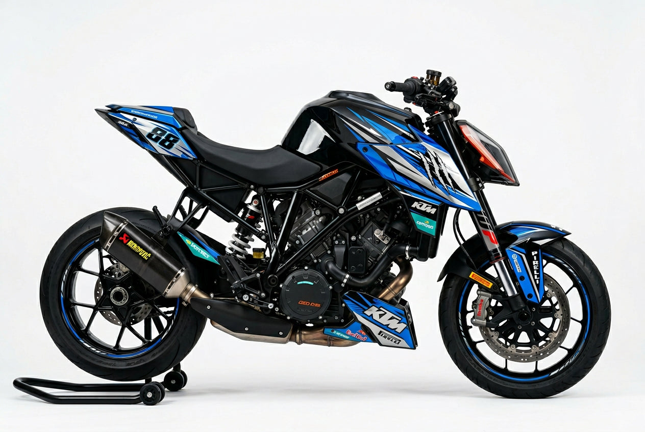 KTM Super Duke 1290 blue and silver racing graphics kit side view