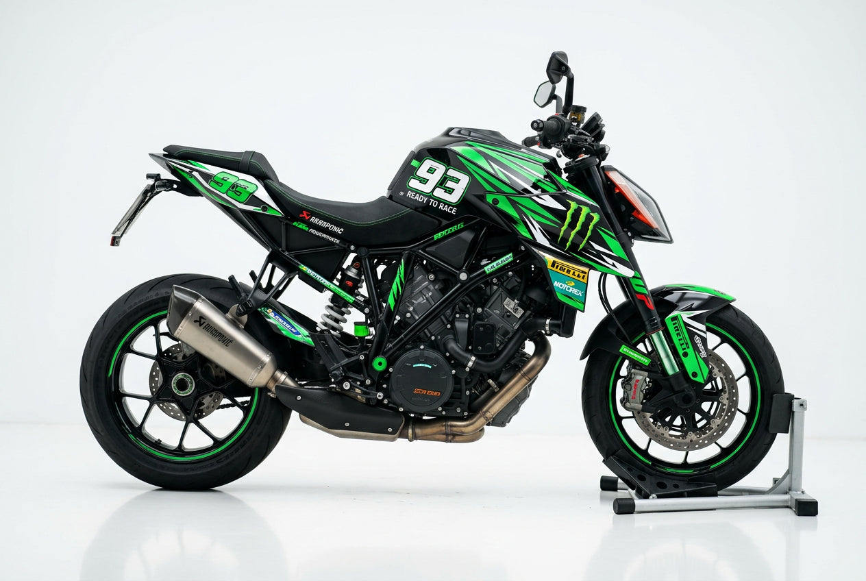 KTM Super Duke 1290 green and black racing graphics kit side view