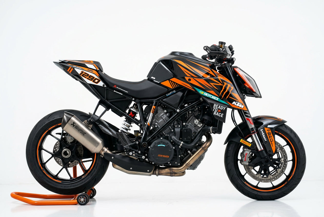 KTM Super Duke 1290 orange and black racing graphics kit side view