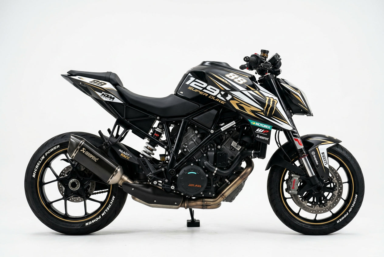 KTM Super Duke 1290 white and gold racing graphics kit side view