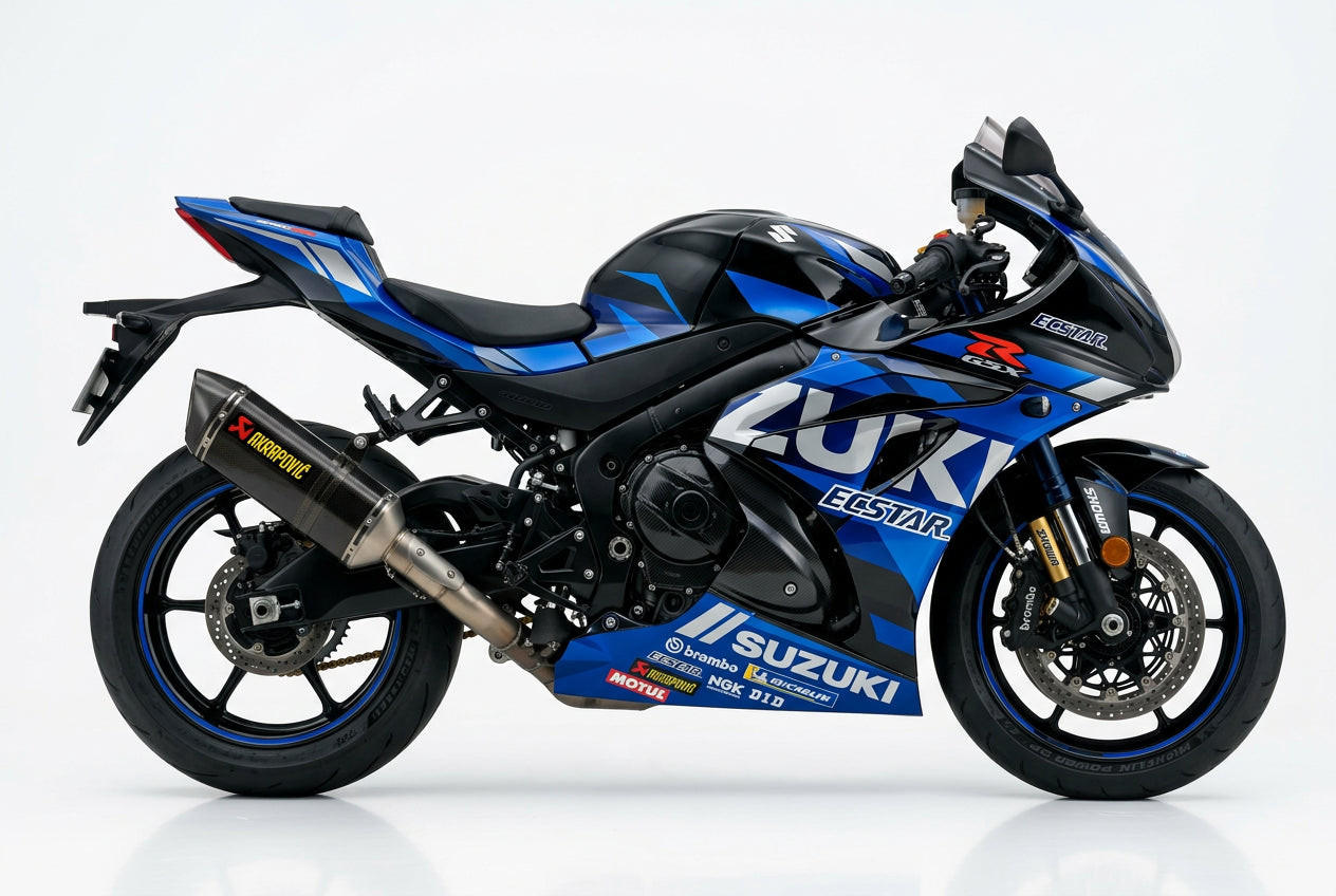 Suzuki GSX-R1000 graphics kit in blue and silver side view