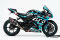 Suzuki GSX-R1000 graphics kit in cyan and white side view