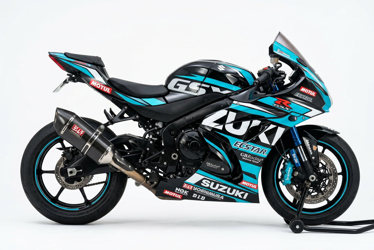 Suzuki GSX-R1000 graphics kit in cyan and white side view