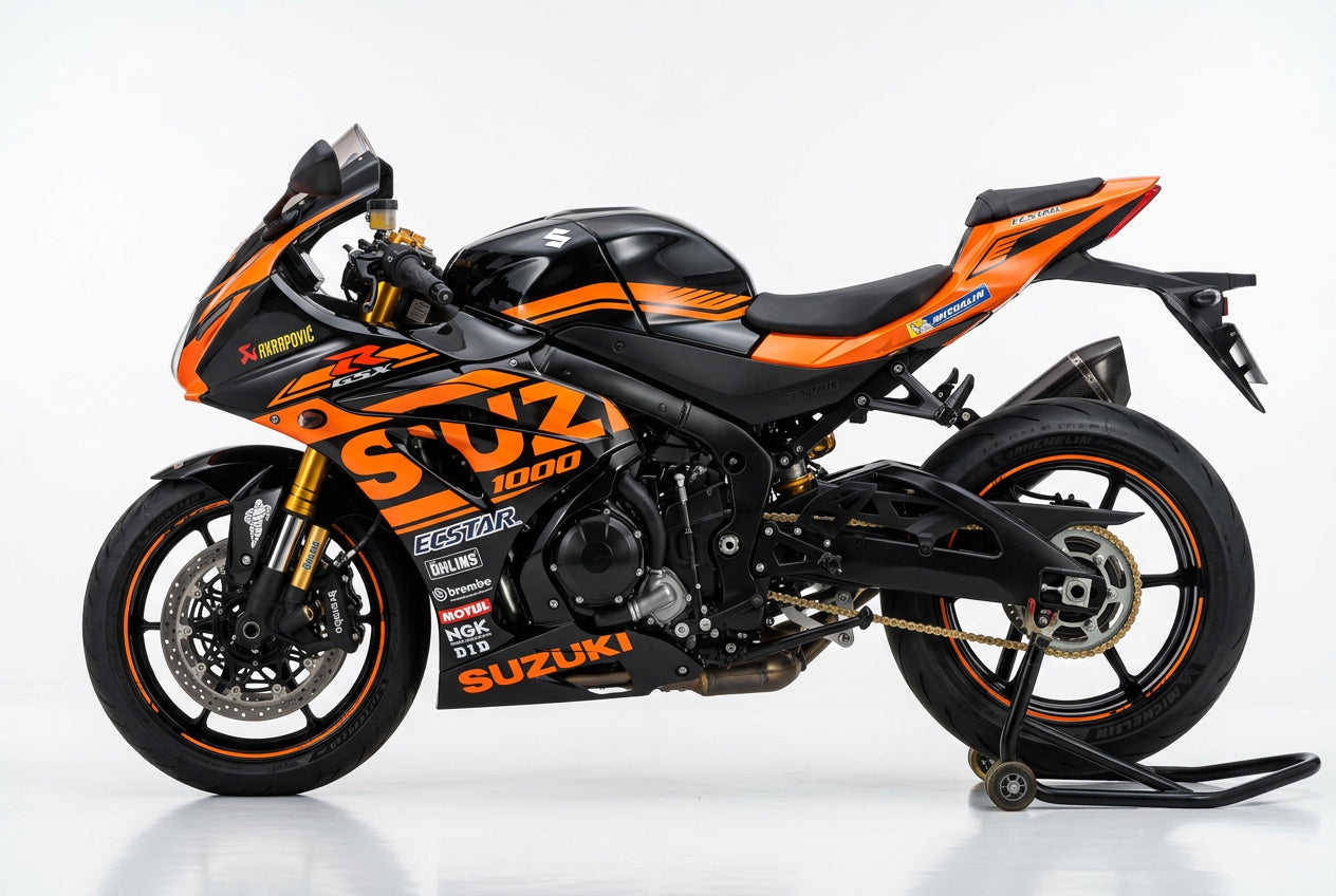 Suzuki GSX-R1000 graphics kit in orange and black side view