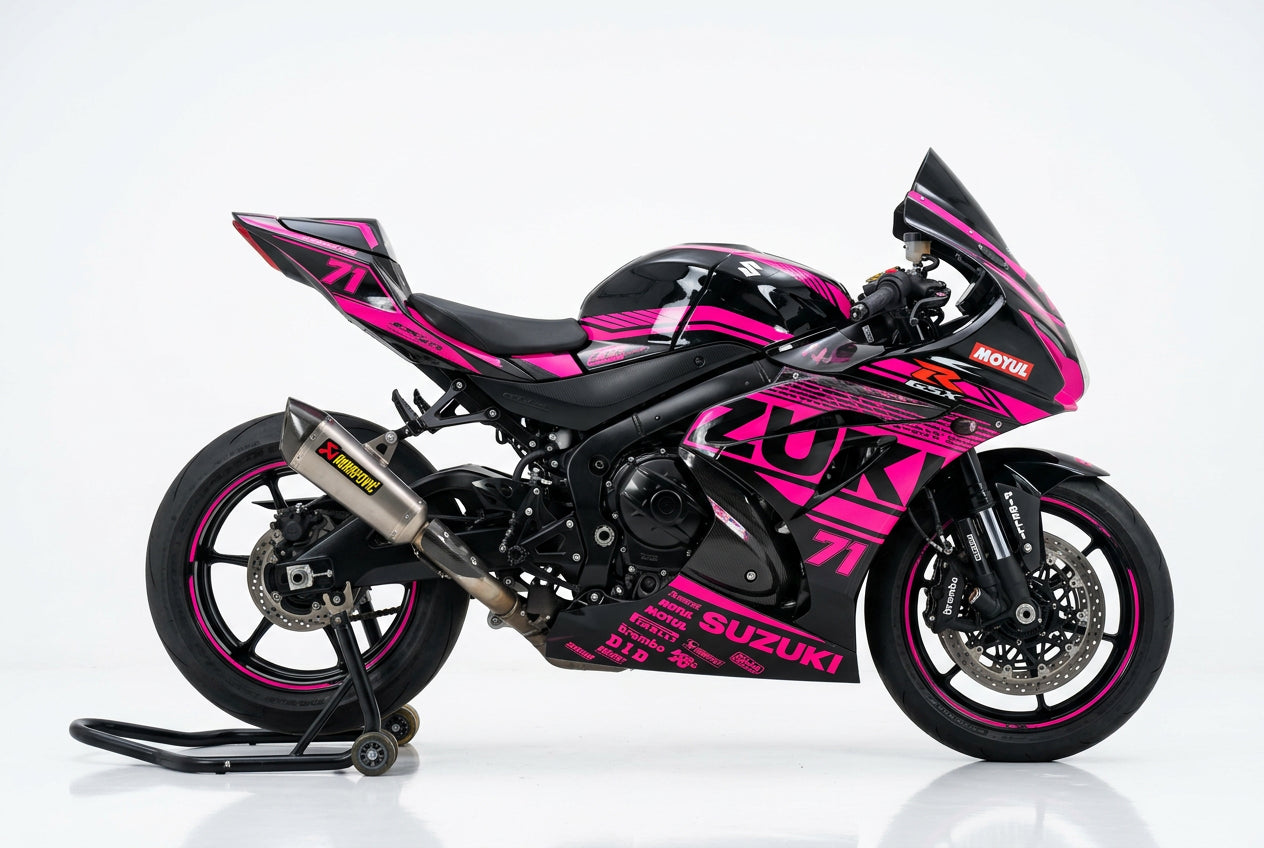 Suzuki GSX-R1000 graphics kit in pink and black side view