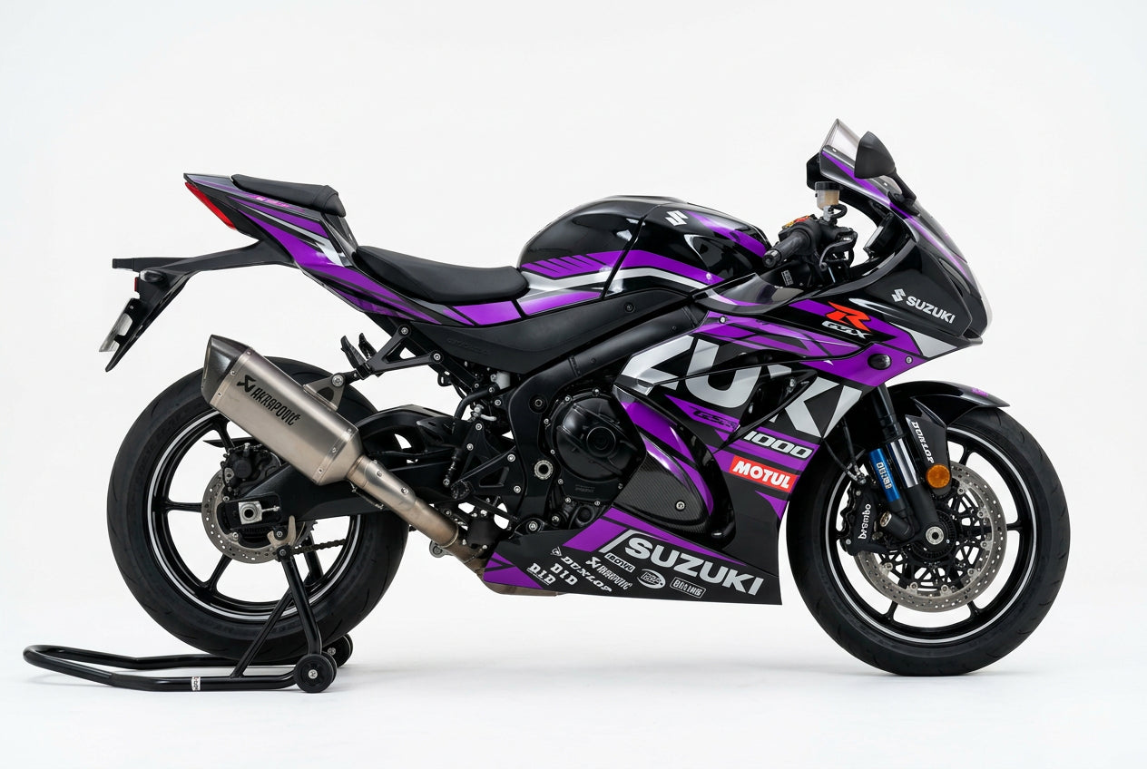 Suzuki GSX-R1000 graphics kit in purple and silver side view