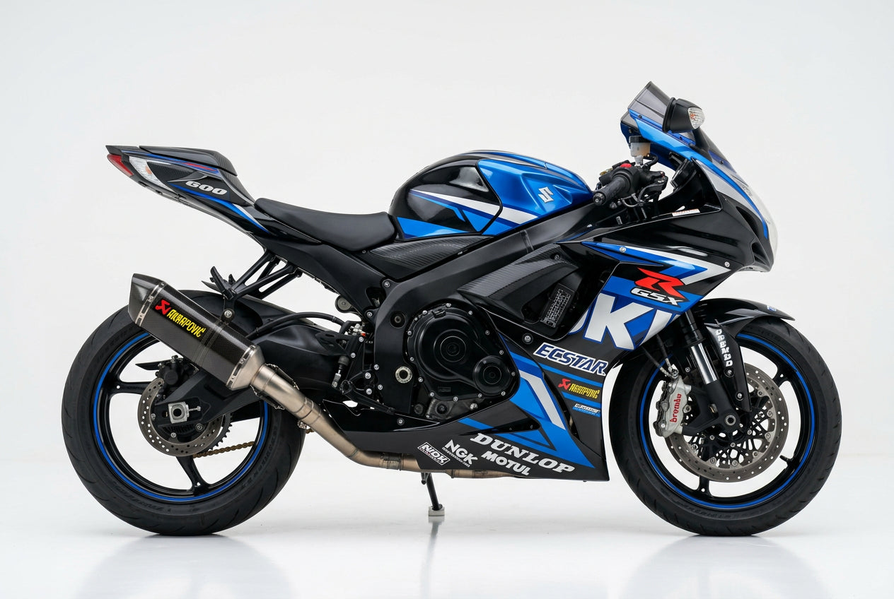 Suzuki GSX-R600 graphics kit in blue and silver side view