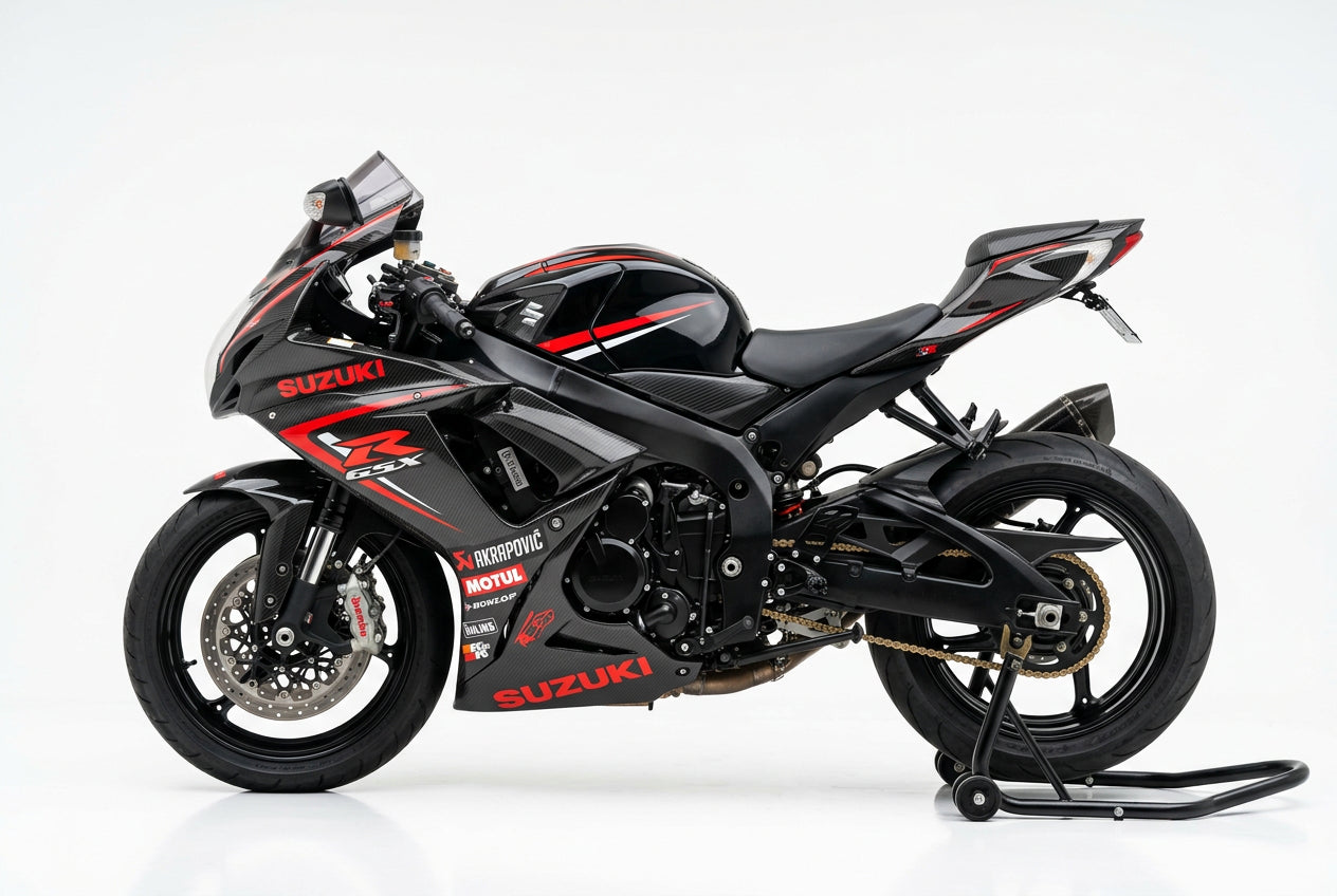 Suzuki GSX-R600 graphics kit in carbon and red side view