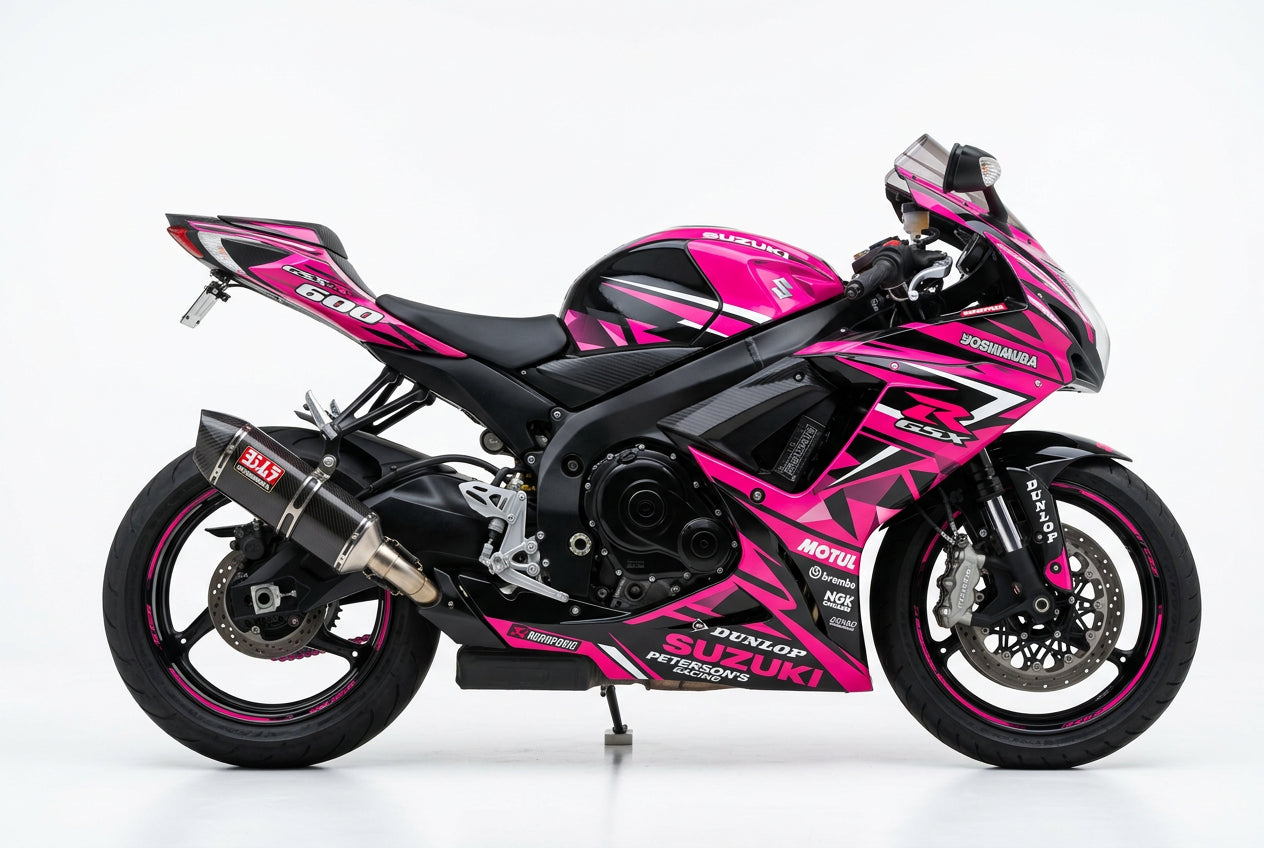 Suzuki GSX-R600 graphics kit in pink and black side view