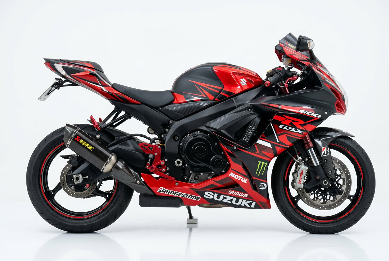 Suzuki GSX-R600 graphics kit in red and black side view