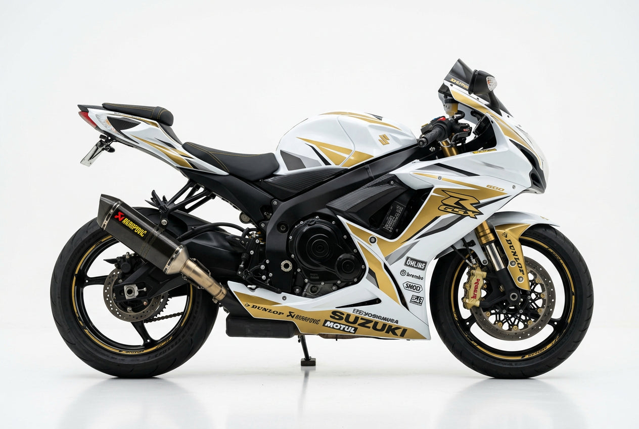Suzuki GSX-R600 graphics kit in white and gold side view