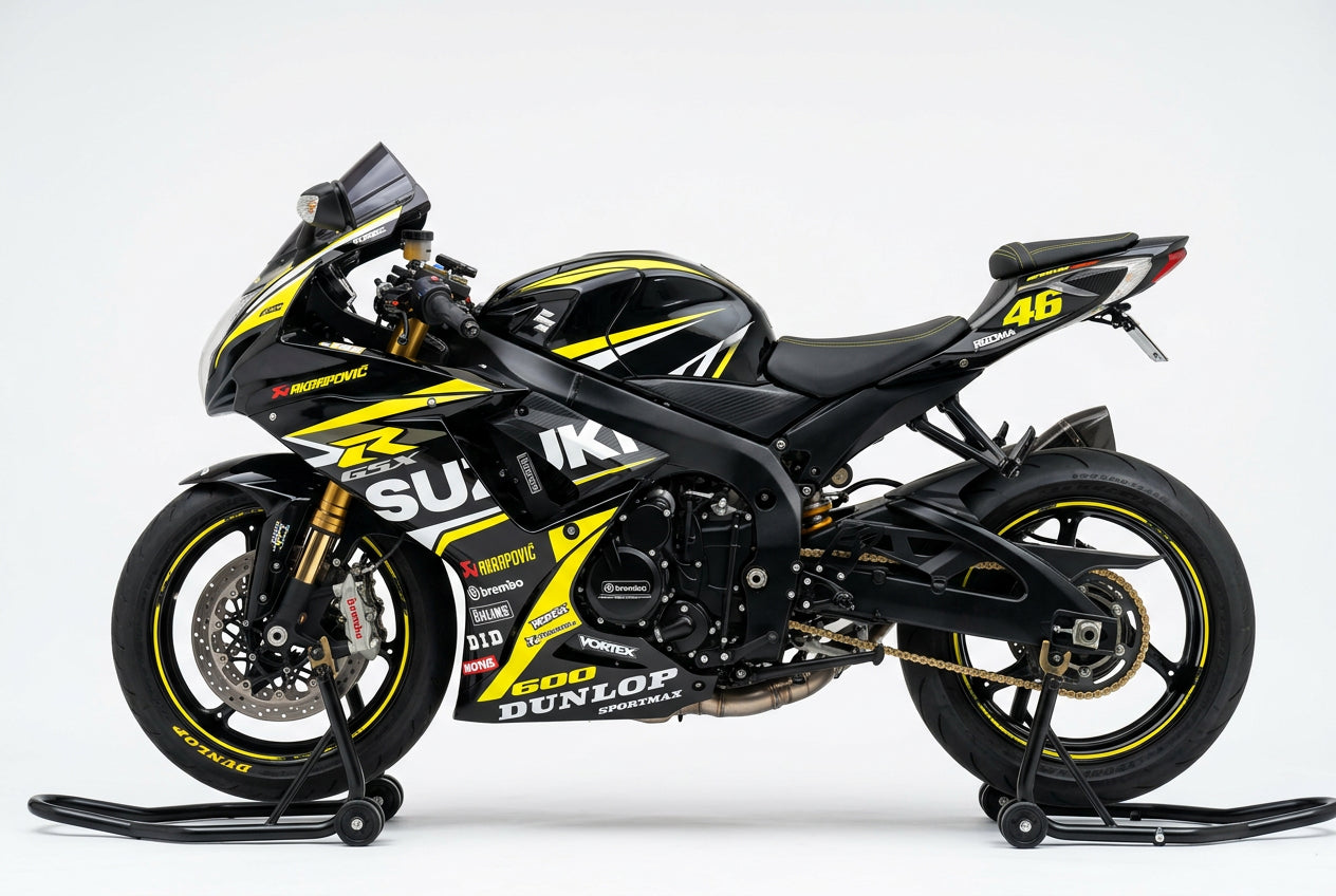 Suzuki GSX-R600 graphics kit in yellow and black side view
