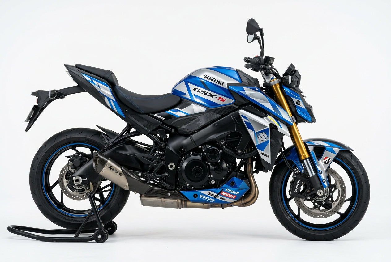 Suzuki GSX-S1000 graphics kit in blue and silver side view