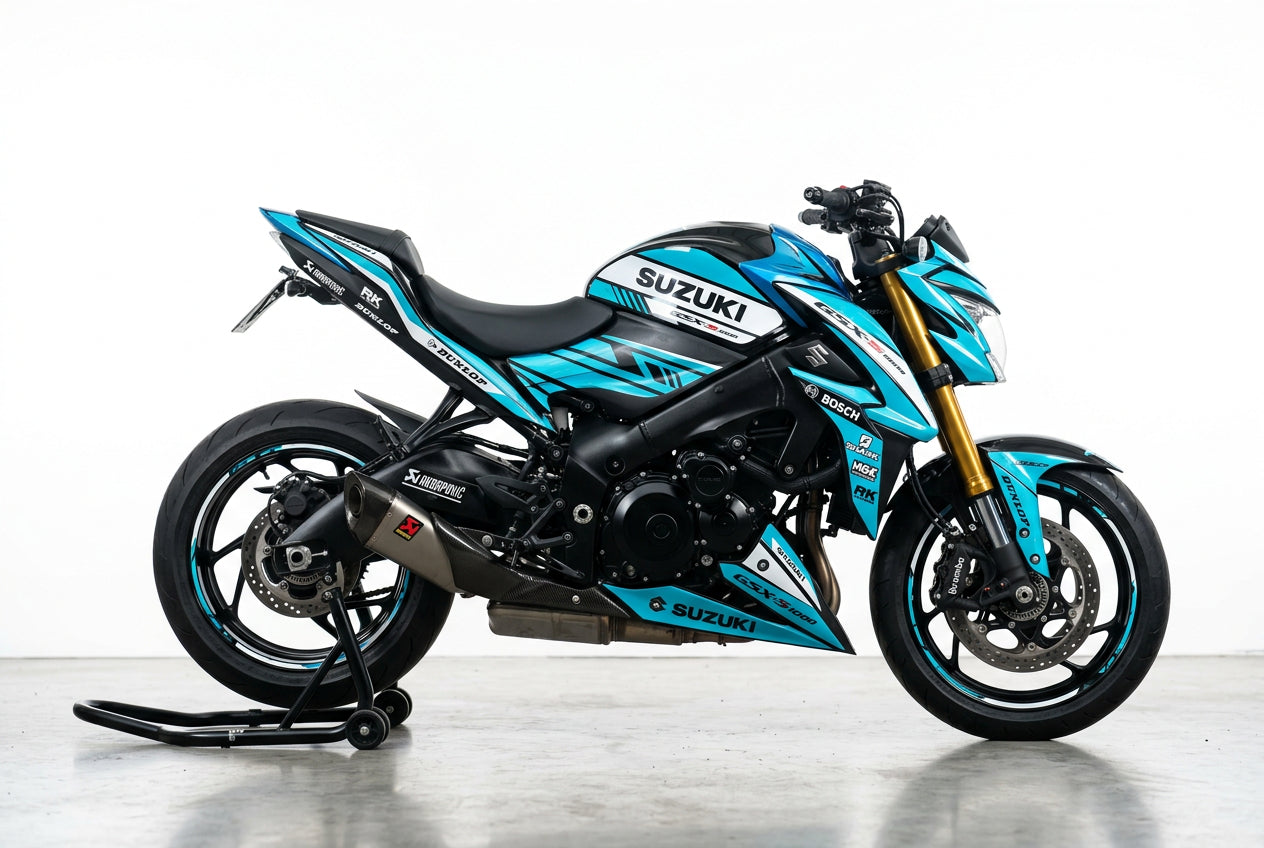 Suzuki GSX-S1000 graphics kit in cyan and white side view