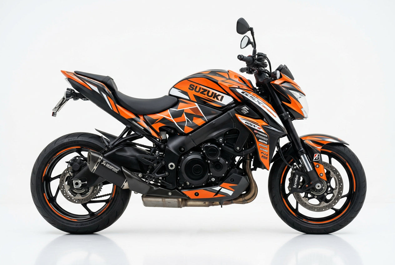 Suzuki GSX-S1000 graphics kit in orange and black side view