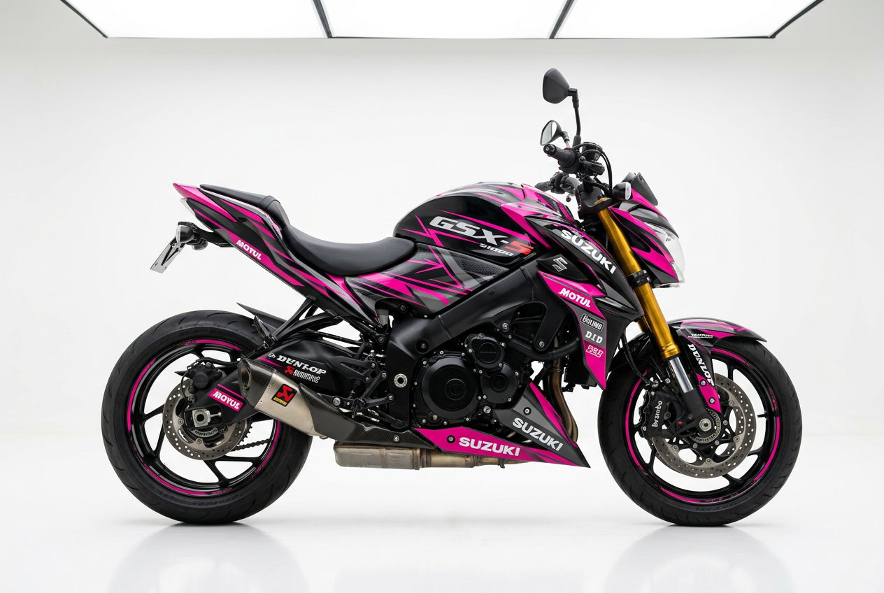 Suzuki GSX-S1000 graphics kit in pink and black side view