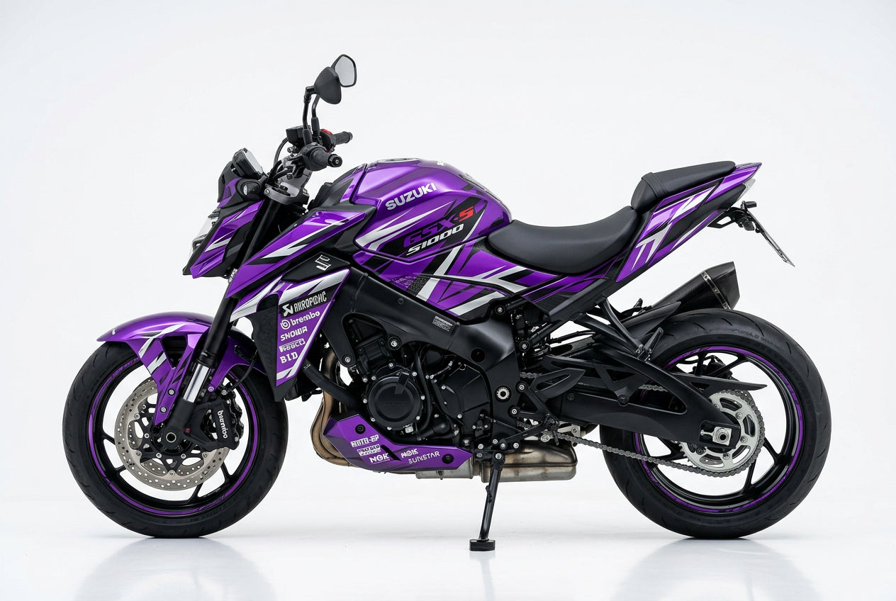 Suzuki GSX-S1000 graphics kit in purple and silver side view