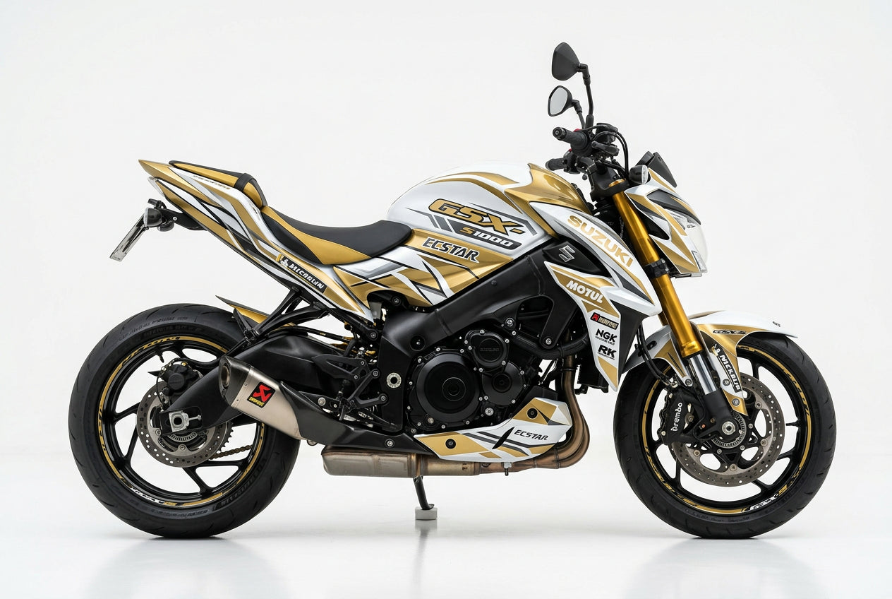 Suzuki GSX-S1000 graphics kit in white and gold side view