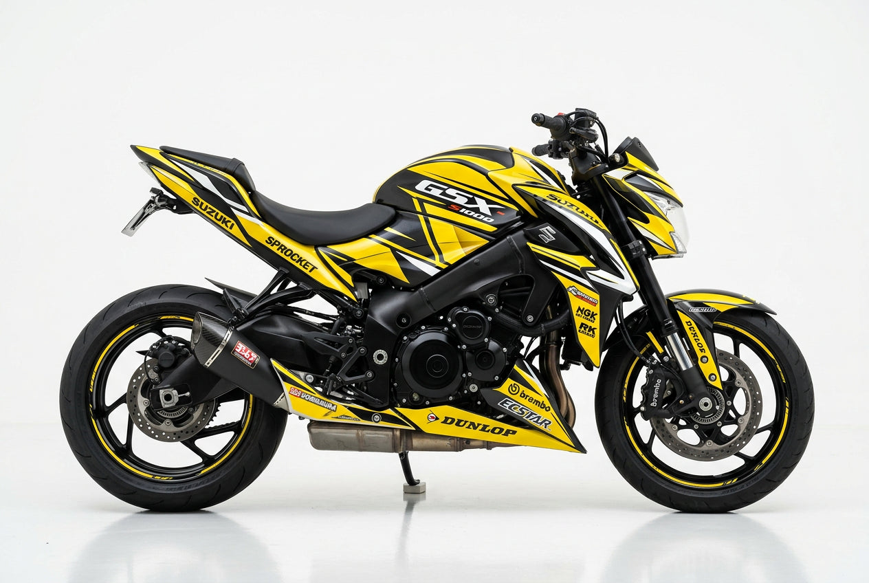 Suzuki GSX-S1000 graphics kit in yellow and black side view