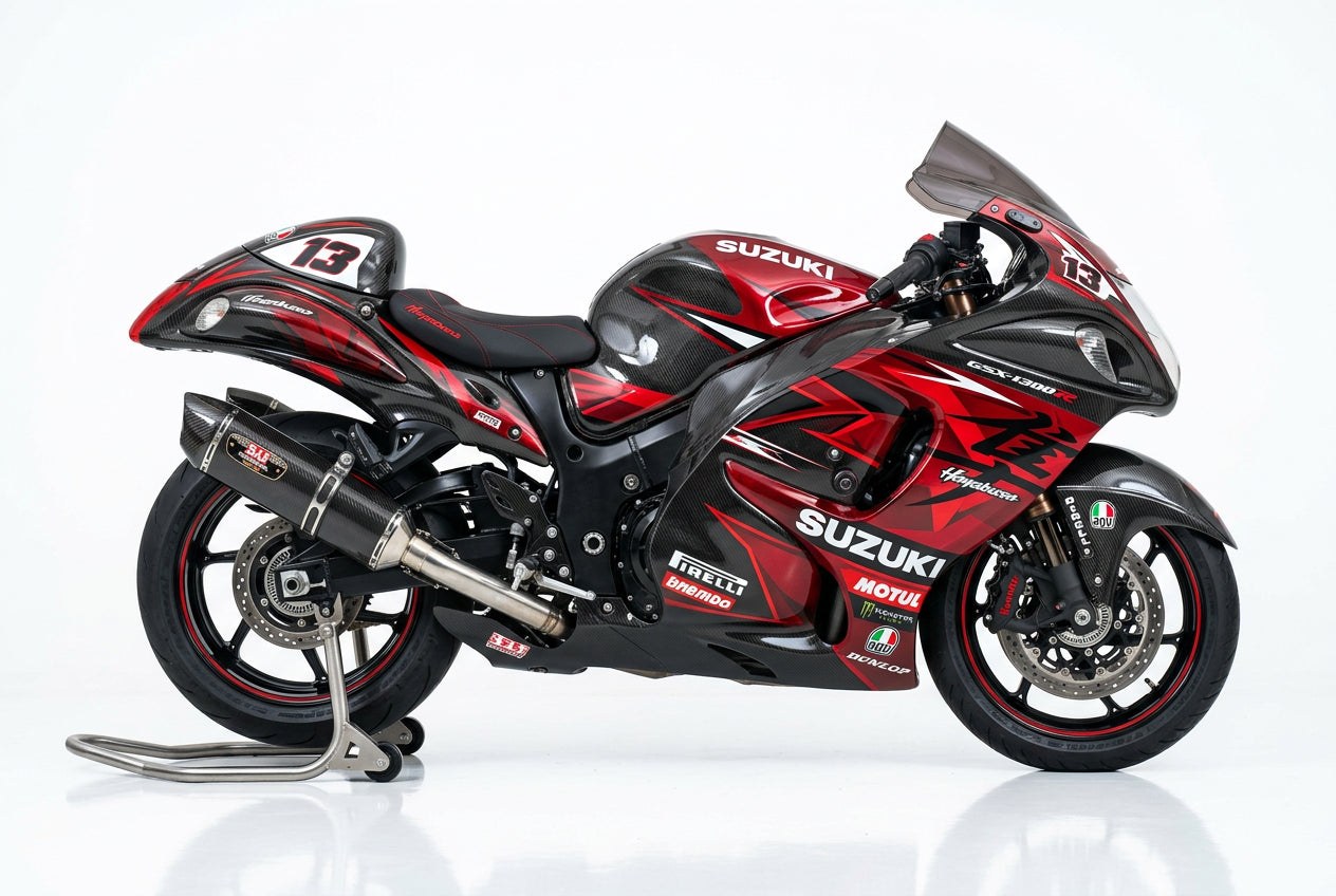 Suzuki Hayabusa graphics kit in carbon and red side view