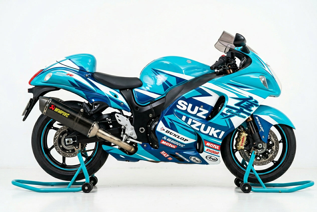 Suzuki Hayabusa graphics kit in cyan and white side view