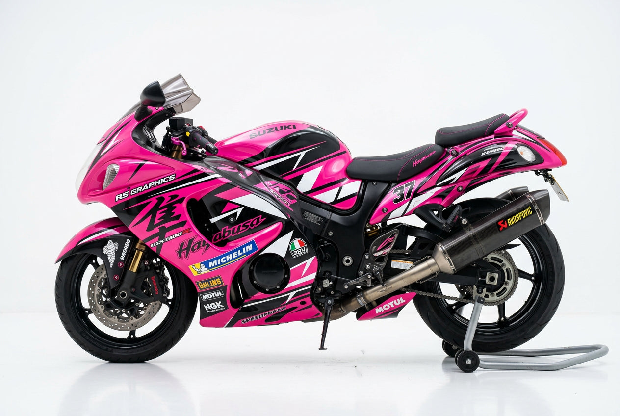 Suzuki Hayabusa graphics kit in pink and black side view