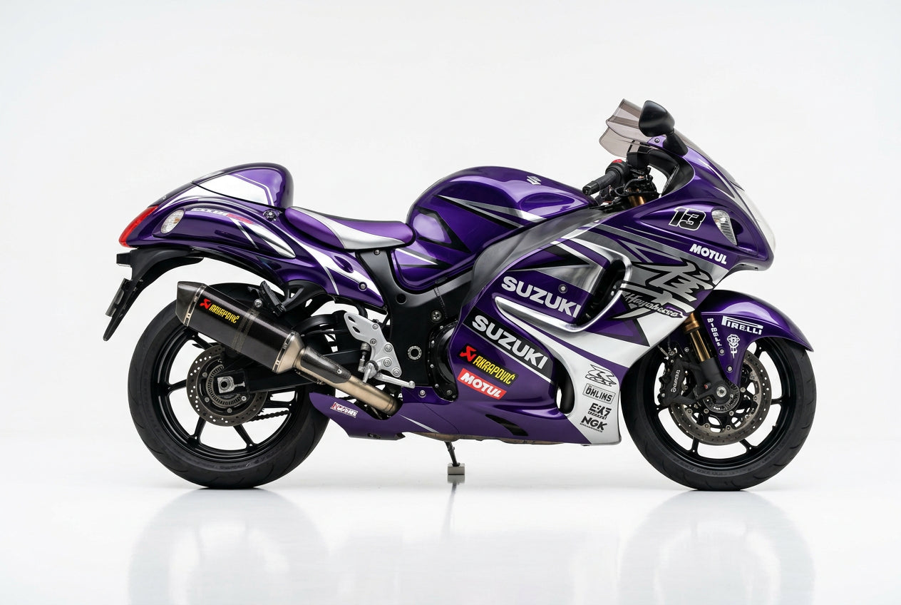 Suzuki Hayabusa graphics kit in purple and silver side view
