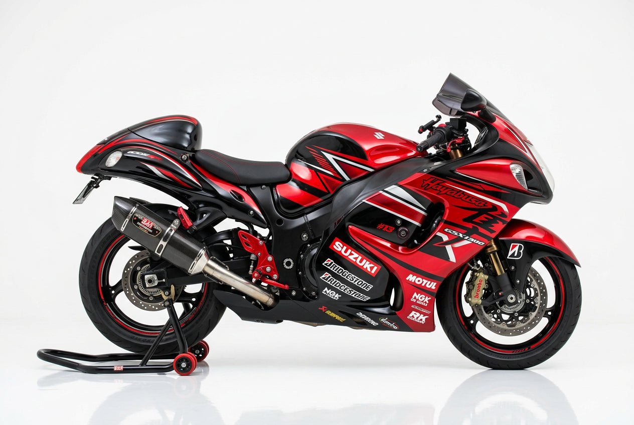 Suzuki Hayabusa graphics kit in red and black side view