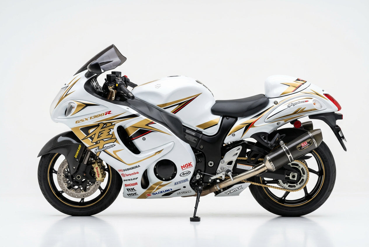 Suzuki Hayabusa graphics kit in white and gold side view