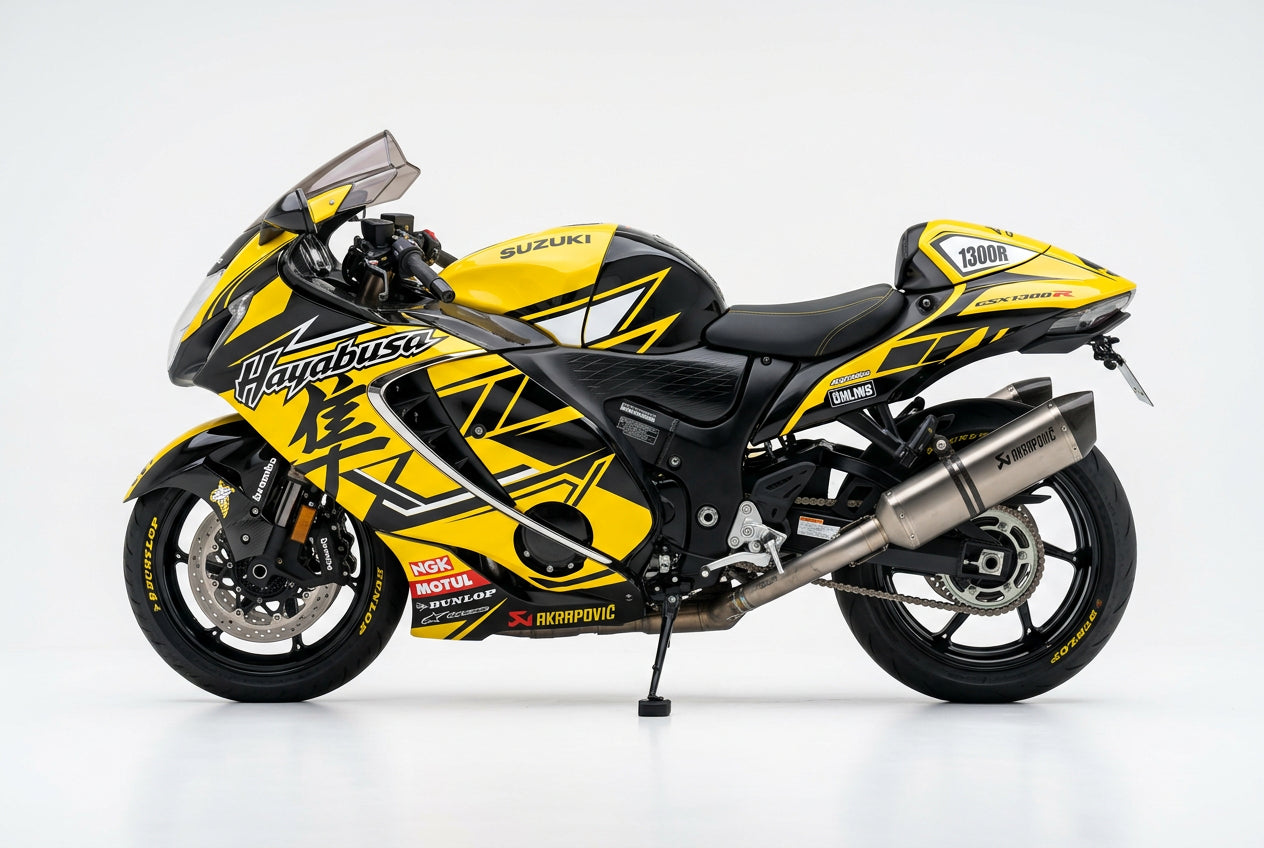 Suzuki Hayabusa graphics kit in yellow and black side view
