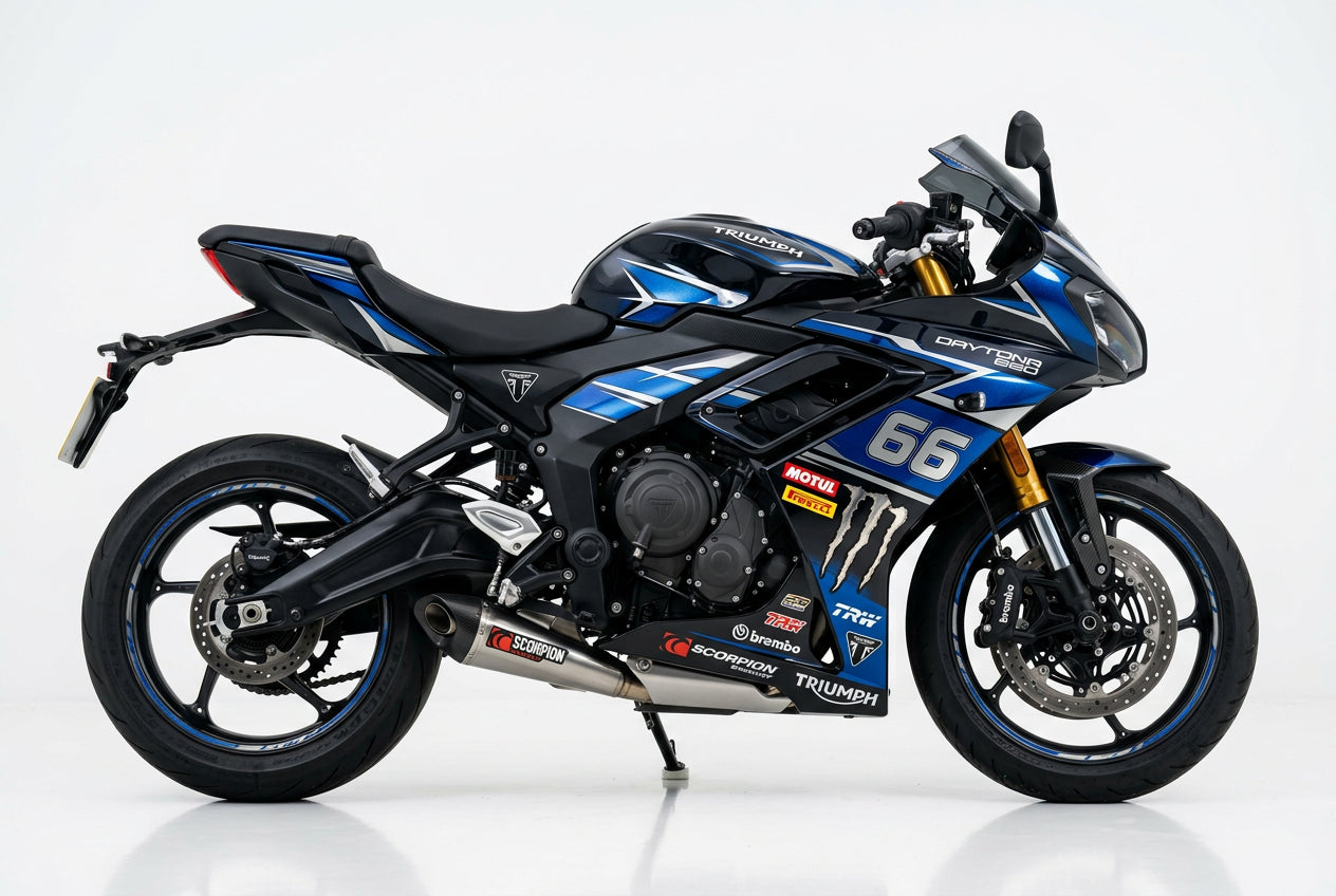 Triumph Daytona 660 blue silver decals on black paint side view