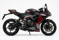 Triumph Daytona 660 carbon red decals on black paint side view