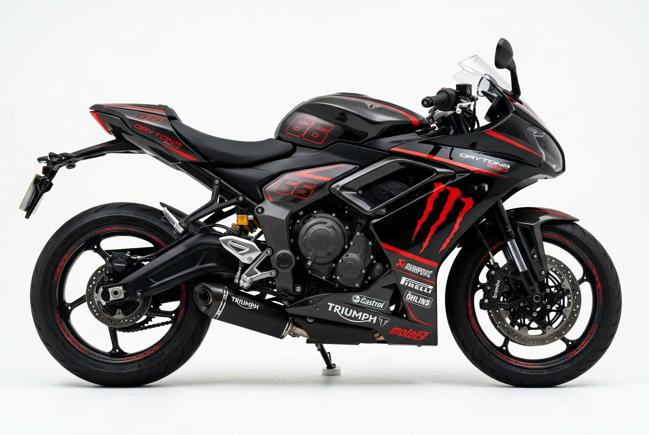 Triumph Daytona 660 carbon red decals on black paint side view