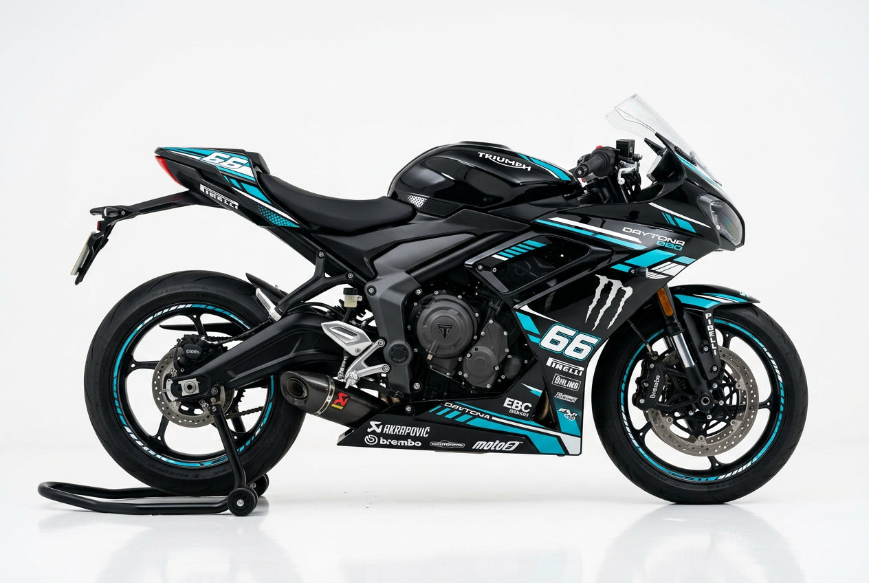 Triumph Daytona 660 cyan white decals on black paint side view