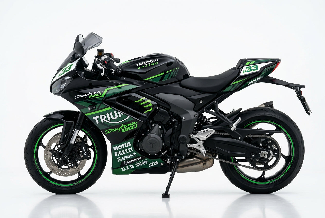 Triumph Daytona 660 green black decals on black paint side view