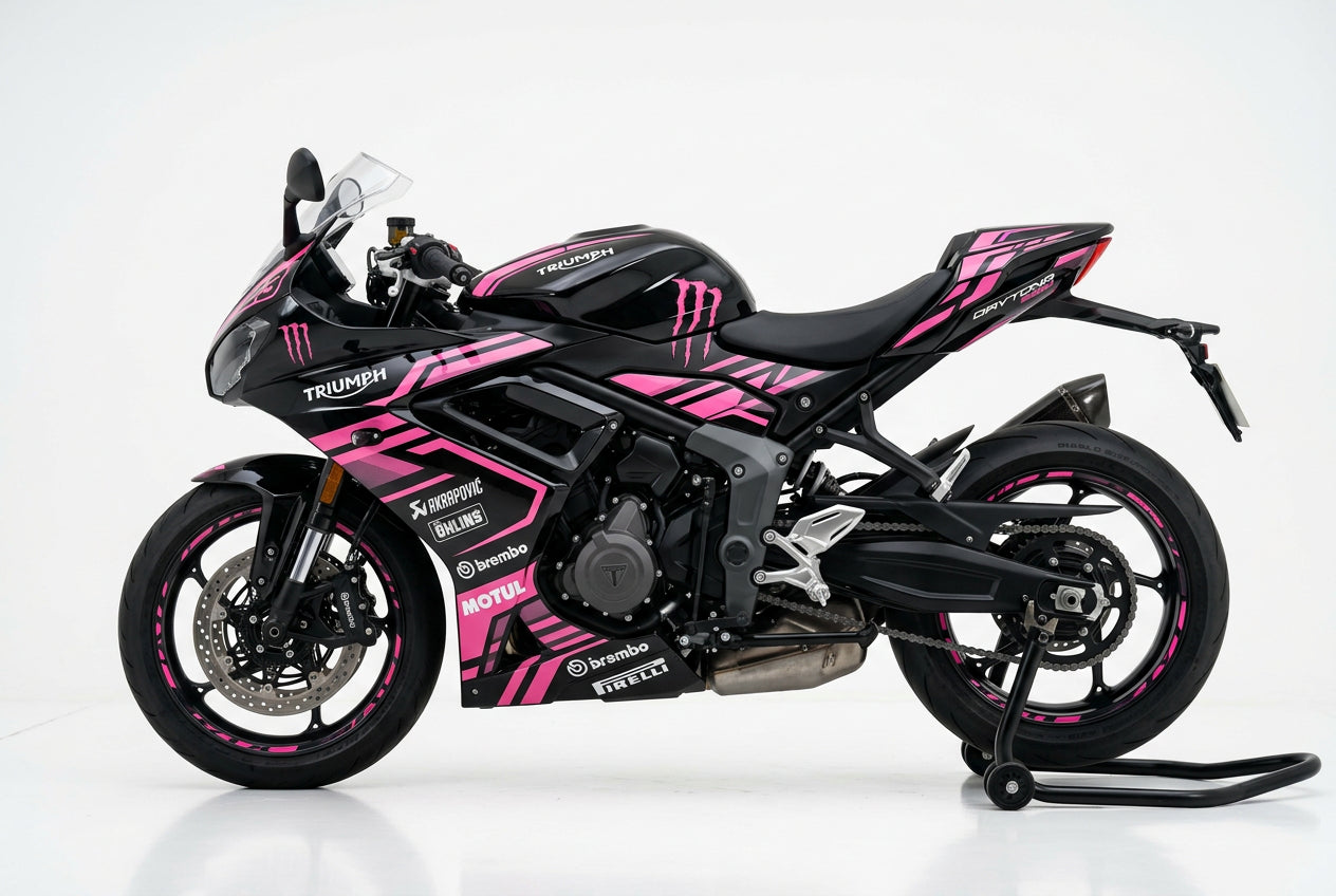 Triumph Daytona 660 pink black decals on black paint side view