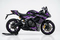 Triumph Daytona 660 purple silver decals on black paint side view