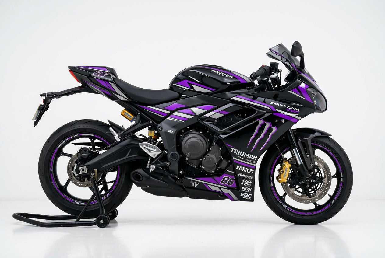 Triumph Daytona 660 purple silver decals on black paint side view
