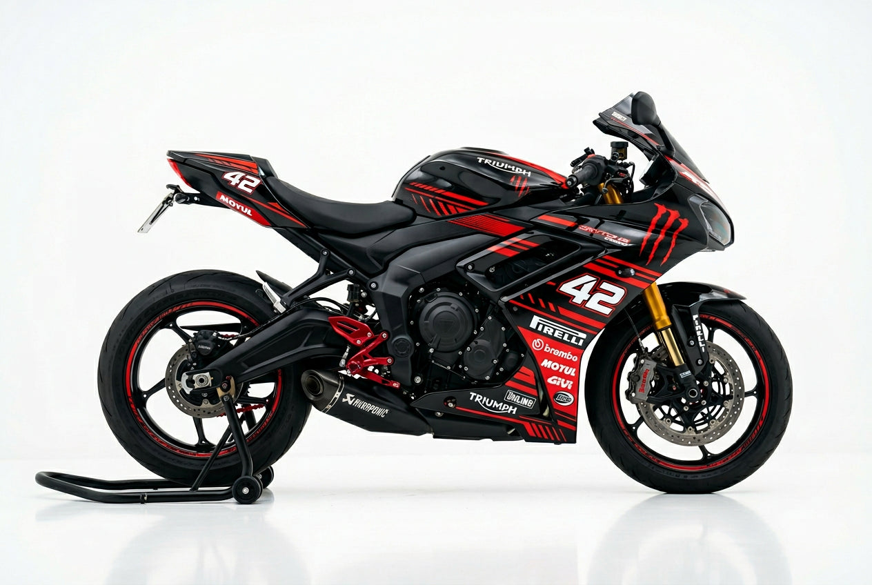 Triumph Daytona 660 red black decals on black paint side view