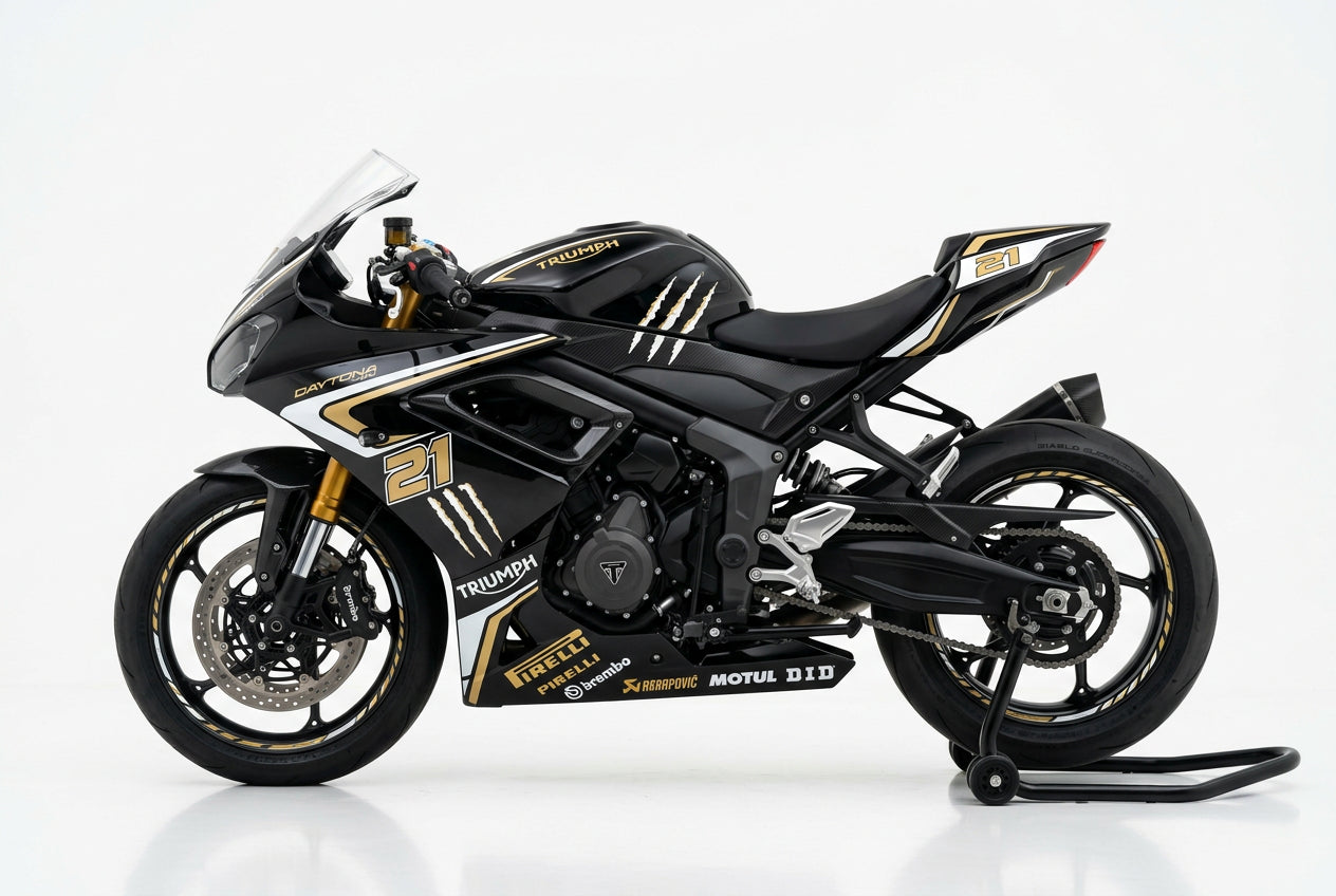 Triumph Daytona 660 white gold decals on black paint side view