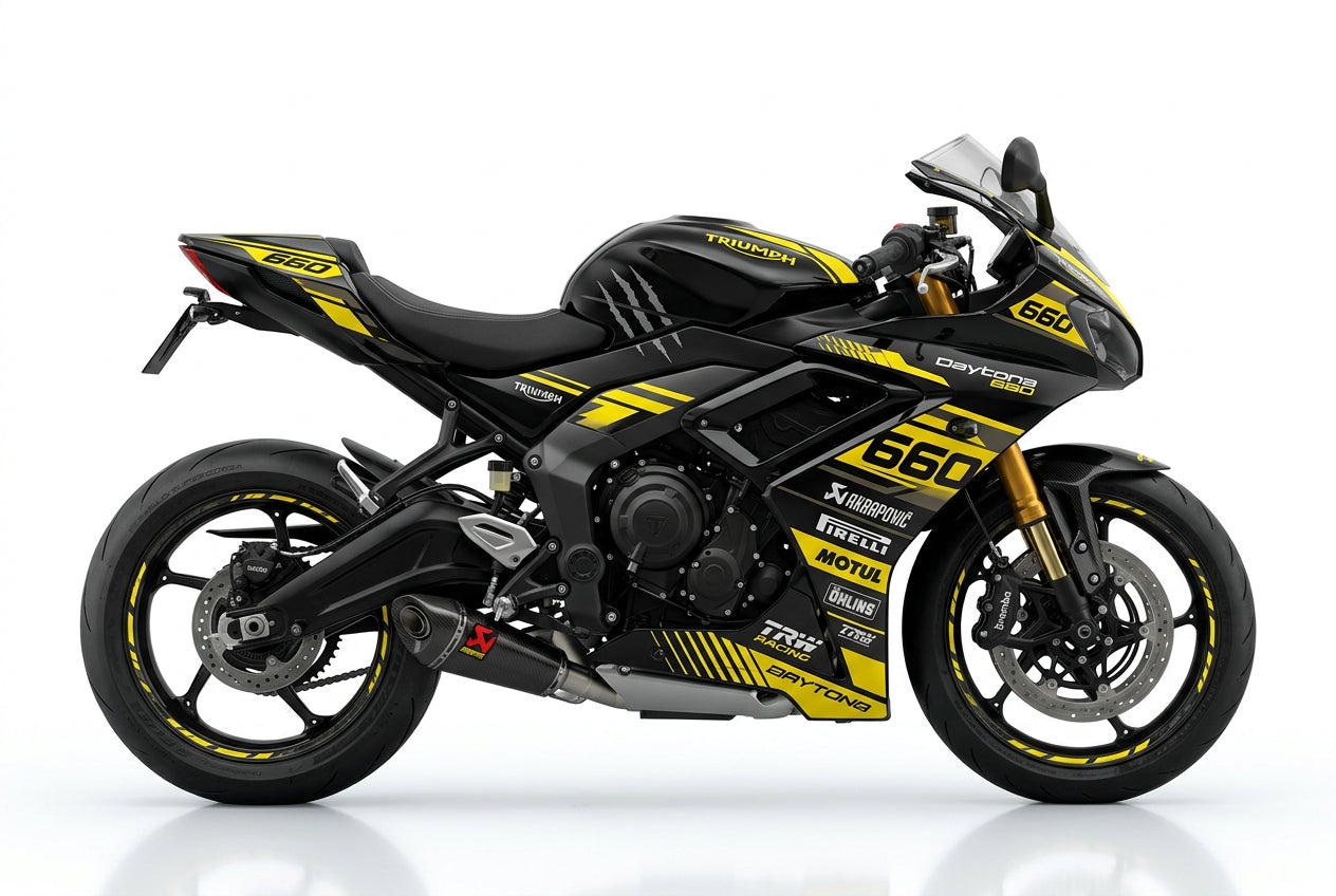 Triumph Daytona 660 yellow black decals on black paint side view