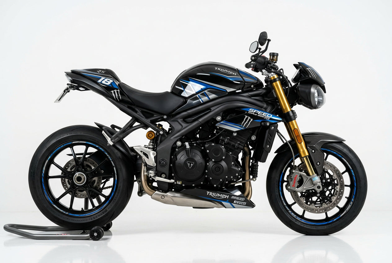 Triumph Speed Triple blue silver decals on black paint side view