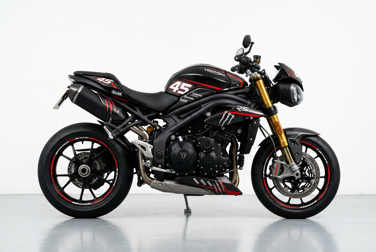 Triumph Speed Triple carbon red decals on black paint side view