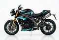Triumph Speed Triple cyan white decals on black paint side view