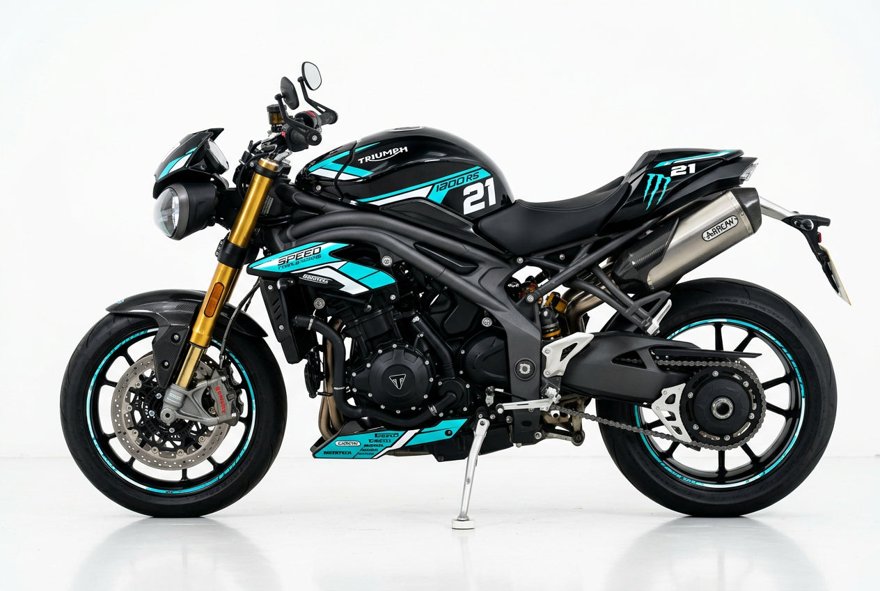 Triumph Speed Triple cyan white decals on black paint side view
