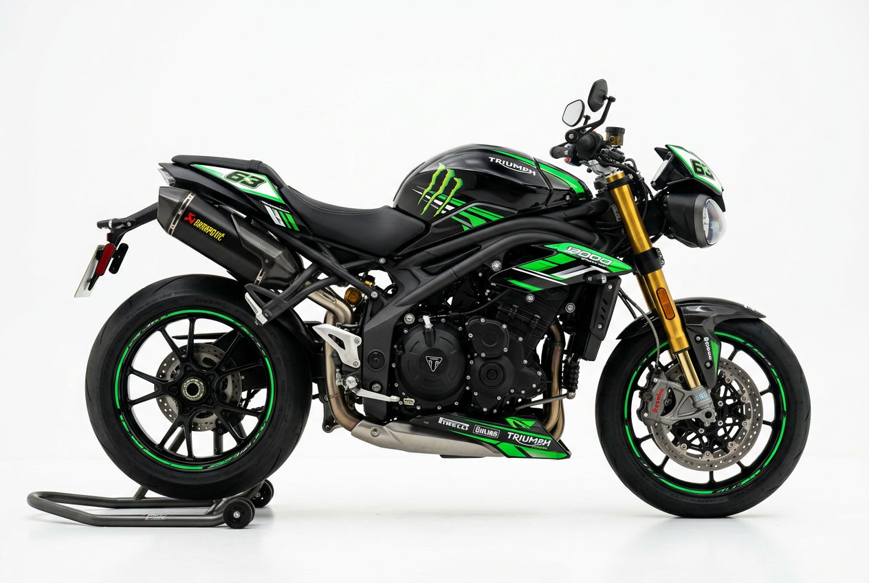 Triumph Speed Triple green black decals on black paint side view
