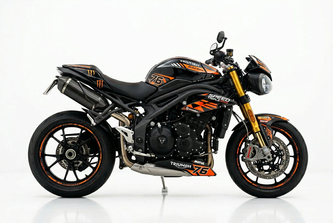 Triumph Speed Triple orange black decals on black paint side view