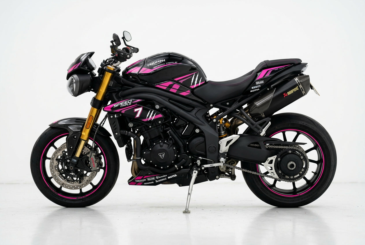 Triumph Speed Triple pink black decals on black paint side view