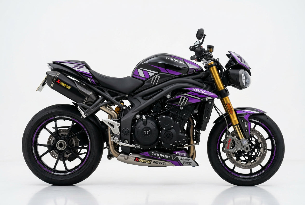 Triumph Speed Triple purple silver decals on black paint side view
